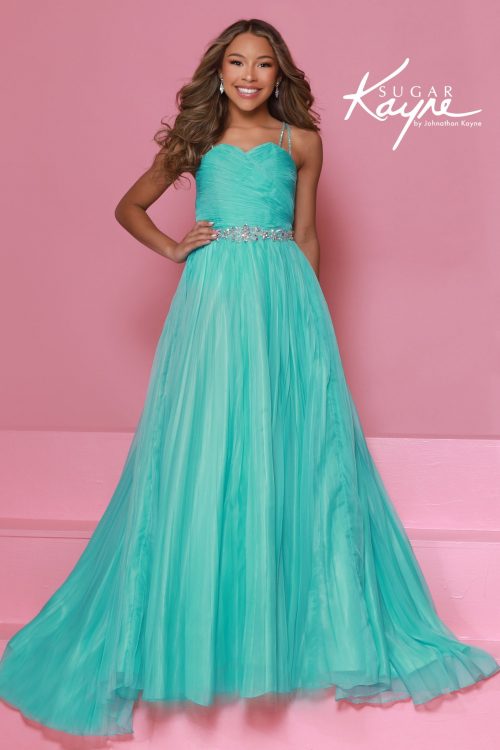 Aqua pleated pageant gown with sweetheart neckline, double straps, and jeweled waistband, perfect for girls' runway or formal wear.